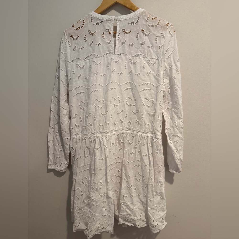 Loft White Eyelet bridal Lace Mini Dress Boho Cottagecore Scallop Hem Large Tall - Picture 4 of 15